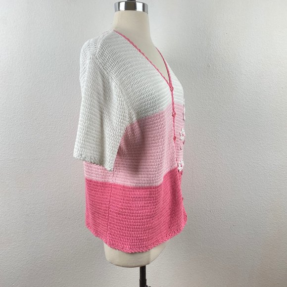 Vintage 90s Sag Harbor Pink Knit Sweater Top 100% Cotton Short Sleeves Spring Lg - Picture 7 of 8